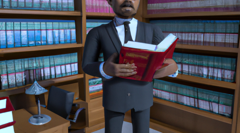 lawyer in front of a legal library reading a large law book
